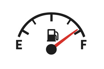 Full fuel tank gauge icon. Car dashboard gas meter with needle on F. Concept of energy, power, petroleum. Vector illustration for transport, oil industry, full level.