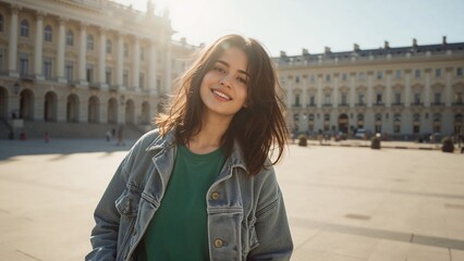 Cheerful young woman smiling in front of grand european building architecture on a bright day full