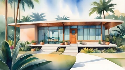 Abstract colorful watercolor painting A stylish modern house ,landscape , architecture interior design Hand painted brush stroke on paper texture. Illustration artwork