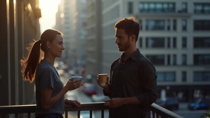 Couple sharing a coffee and conversation on a city balcony at sunrise - Powered by Adobe