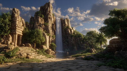 Scenic Mountain Waterfall Cascading Into a Calming Forest Lake
