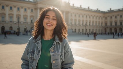 Fototapeta premium Smiling young woman in city square with majestic architecture bathed in warm sunlight