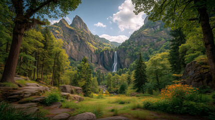 Scenic Mountain Waterfall Cascading Into a Calming Forest Lake
