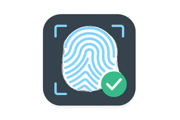Fingerprint scan icon for security app. Biometric authentication for user ID. Digital access granted with finger print verification. Approved identity check mark symbol.