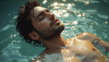 Young man floating in swimming pool on a serene day