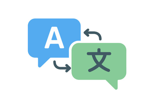 Language translation icon with chat bubbles for an online translator app. Concept for multilingual communication, foreign language dictionary, speech service, and global business.