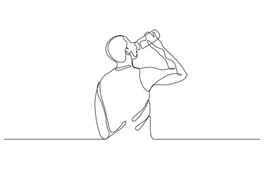 Continuous one line drawing of Man drink energy water from bottle vector illustration. Editable outline