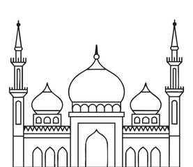 Black and white line drawing of a mosque with domes and minarets Islamic architecture building