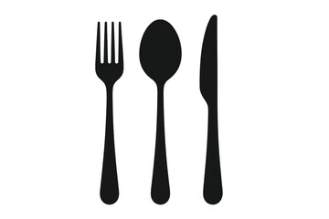 Fork, spoon, and knife silhouette. Vector cutlery icon set. Simple flat design element for restaurant menu, food blog, or cooking app. Isolated kitchen utensils.