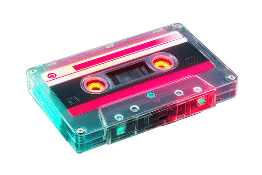 Colorful Retro Cassette Tape on Transparent Background Vibrant Neon Lights