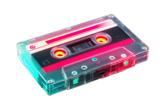 Colorful Retro Cassette Tape on Transparent Background Vibrant Neon Lights