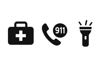 Vector icon set for emergency preparedness. Includes first aid kit, 911 phone call, flashlight. Solid glyph symbols for disaster, survival, safety, and medical help.