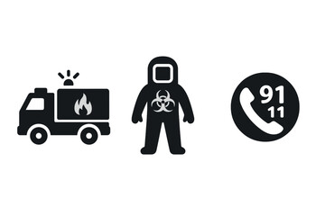 Emergency response icon set. Vector graphics of chemical hazard response, fire truck, and 911 call. Solid black pictograms for hazmat team, safety, and protection.