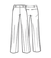 Black and white line drawing of wide leg trousers front and back view pants fashion illustration