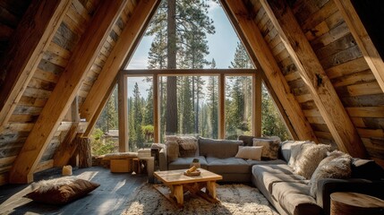 Fototapeta premium Rustic A-frame cabin living room with forest view (1)