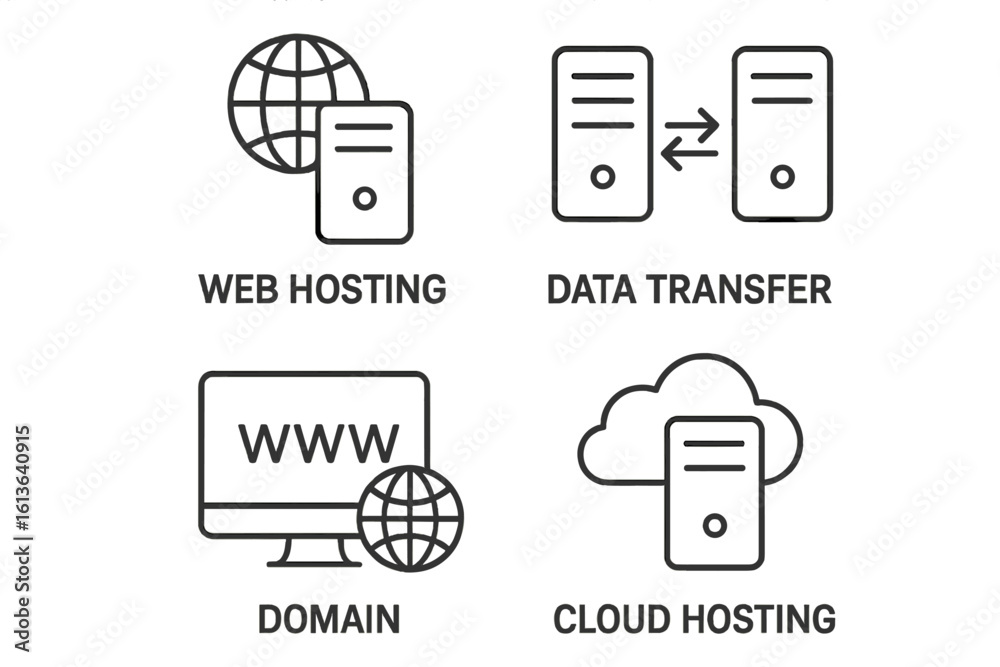 Poster set of web hosting line icons. cloud computing, data transfer, domain name, and server symbols. vect