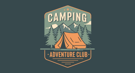 Obraz premium Camping Adventure Club Emblem with Tent Mountains and Evergreen Trees.