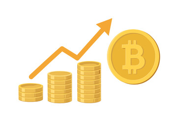 Bitcoin growth concept vector. Cryptocurrency BTC price value increase. Financial investment profit graph. Digital money golden coin stack. Crypto revenue success chart.
