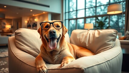 A golden retriever wearing glasses relaxes on a cream colored couch with a happy expression on its face