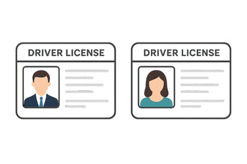 Driver License Identification Card Icon Set. Male and Female Person Profile ID Card Template. Flat Vector Illustration of Identification Badge on Transparent Background. Official Document Design