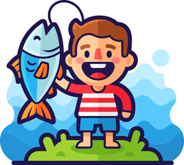 Cartoon Boy Holding a Blue Fish with Orange Fins on a Fishing Hook.