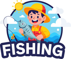Cartoon Boy with Yellow Hat Holding a Fish Fishing Adventure Illustration. © KMB