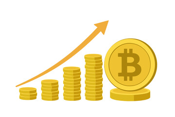 Bitcoin growth concept. Stacks of gold coins and income graph with rising arrow. Crypto currency revenue and profit. Financial investment success. BTC digital money peak.