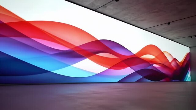 Large Abstract Display Featuring Wavy Lines in Gradients of Pink Purple Blue and Red in a Modern Hall with Concrete