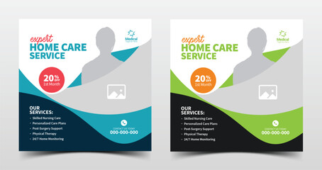 Creative medical social media post designs focused on home care, nursing, patient support, and elderly treatment