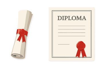Rolled and unrolled diploma paper scroll with official stamp, certificate of university, college, or school graduation, academic degree, alumni success, and course completion document vector