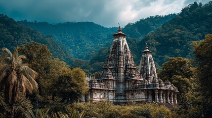 Majestic Indian Temple Amidst Lush Greenery with Overcast Sky, a Mystical Scene