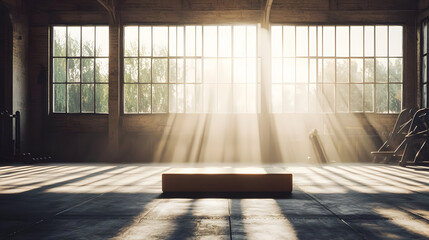 Spacious industrial gym bathed in sunlight.  Large windows let in golden rays, creating dramatic shadows on the concrete floor.  A simple wooden platform sits in the center