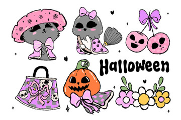 Cute Halloween cats in pastel costumes the purrfect spooky sweet vibe. Vector illustration.