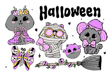 Cute Halloween cats in pastel costumes the purrfect spooky sweet vibe. Vector illustration.