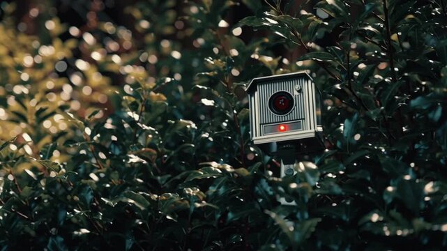 A retro 1960s spy yard surveillance camera hidden dense green hedges, brass chrome sunlight. Leaves wind brushes past. Lens zooms out, red blinking Moody, aesthetic, Cold War era mysterious cinematic