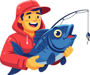 Cartoon Fisherman in Red Hoodie Holding a Large Blue Fish with Fishing Rod.