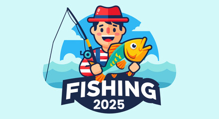 Cartoon Fisherman with Red Hat Holding a Golden Fish in a Fishing Tournament.
