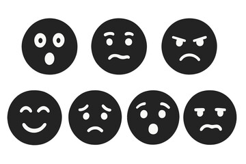 Fototapeta premium Emotional icon set. Solid filled glyph icons of reactions: surprise, confusion, anger, joy, sadness, fear, disgust. Vector emoji for UI UX. Face smiley symbols.