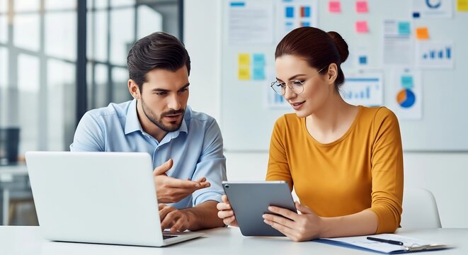 Focused Business Professionals Collaborating - Modern Office Technology Use - Effective Teamwork