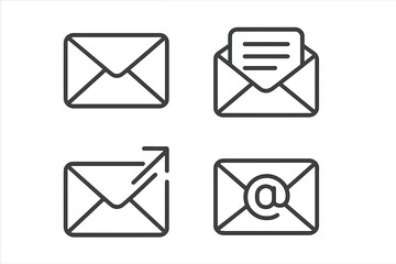 Mail icons set for email communication. Vector line art illustrations of sending, receiving, and reading messages. Symbols for web design, app UI, and business correspondence.
