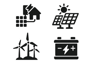 Energy management icon set with solid glyphs. Features smart grid, solar panels, wind turbines, and battery storage. Renewable and sustainable power concepts vector.
