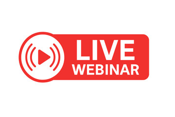 Live webinar red button, live streaming icon. Vector for online conference, broadcasting, video training. Play symbol for stream on a transparent background for business.