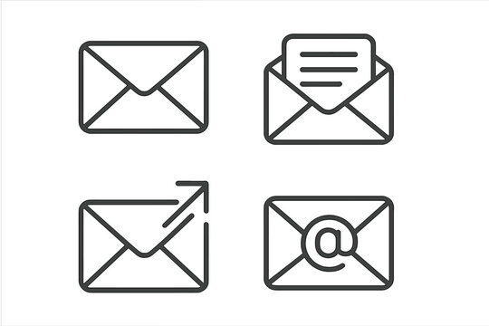 Mail icons set for email communication. Vector line art illustrations of sending, receiving, and reading messages. Symbols for web design, app UI, and business correspondence.