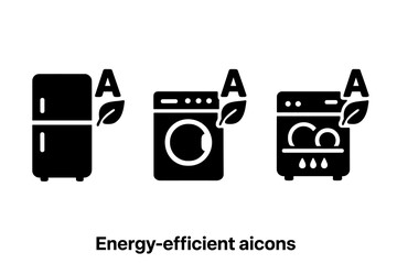 Obraz premium Energy efficient appliance icon set. Eco friendly home equipment. Refrigerator, washing machine, dishwasher symbols. Power saving, sustainable living vector illustration.