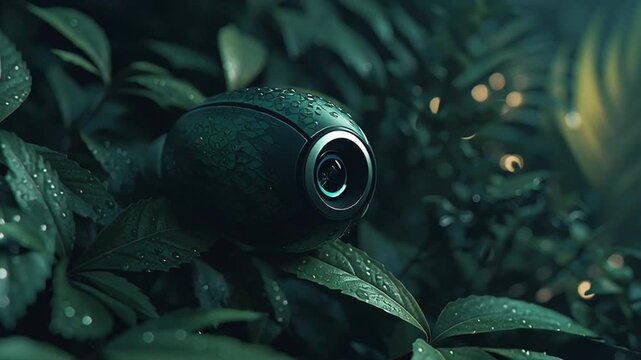 A sleek matte black camera glowing green ring visible beneath ivy leaves. Motion detection LED cat, Close-up lens reflection bushes. Midday sun leaf shadows dancing lens. Futuristic spy tech aesthetic