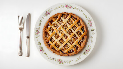 High Resolution Flat Lay of Delicious Mazurek Cake Served on Floral Plate with Cutlery