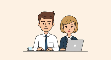 Cartoon office workers Man with tie and woman with laptop at desk.