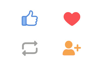 Social media icons set with like, heart, follower, and repost symbols. Vector notification pack for user engagement. Flat design elements for UI, UX, web, and app interface.