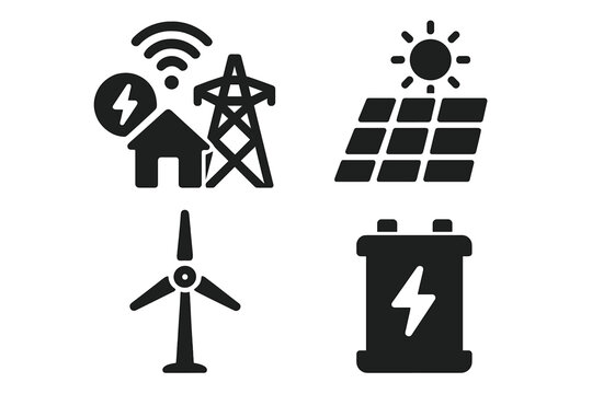 Energy management solid icon set. Glyph vector symbols for renewable power. Smart grid, solar panel, wind turbine, battery storage. Sustainable electricity generation.