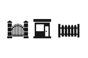 Solid icon set of estate entrances. Gated community elements like a metal gate with stone pillars, a security guard booth, and a wooden fence. Vector illustration for access.